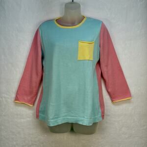 VINTAGE Knit Cotton Pink Yellow Green Colorblock Pastel Sweater Women’s Size M